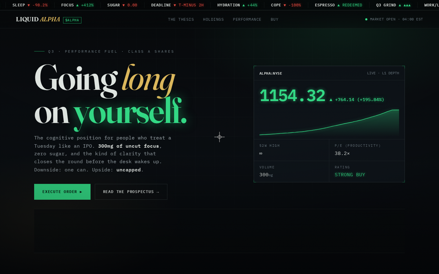 One-shot generated landing page for the energy-drink brief: a dark near-black hero with a green glow gradient, an italic-serif accent headline reading 'Going long on yourself', and a 'STRONG BUY' chart widget — the canonical AI dev-tool hero.